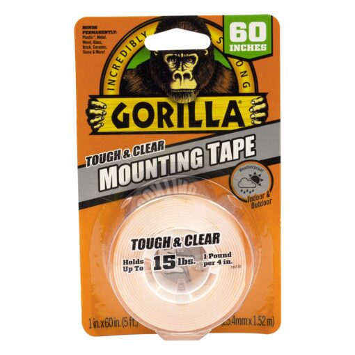 Gorilla Tough & Clear, Double Sided Mounting Tape, Weatherproof, 1" x 60", Clear, (Pack of 1) 1 Pack