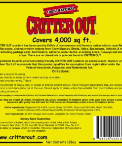 Deer Out Mouse & Rat Repellent: Peppermint Oil Rodent Repellent, Get Rid of Rats, Mice & Rodents in Your Home & Outside, Protect Engine Wiring, Prevent Nesting, Stops Chewing. Critter Out 1 Gallon Ready to Use 128 Fl Oz (Pack of 1) 5 91GbOtPrWGL