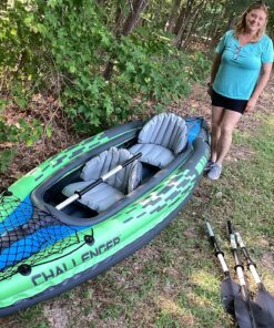 INTEX Challenger Inflatable Kayak Series: Includes Deluxe 86in Aluminum Oar and High-Output Pump – SuperStrong PVC – Adjustable Seat with Backrest – Removable Skeg – Cargo Storage Net green/blue 2-person 48 91Gu66 3NBL