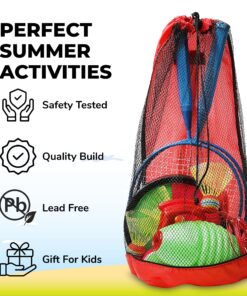 High Bounce 3 in1 Outdoor Games Combo Set for Kids, with Badminton Rackets Set, Toss and Catch Ball Set, Sliding Zoom Ball Game, Mesh Bag, Birdies, and Tennis Ball Included 14 91HDbru 1HL