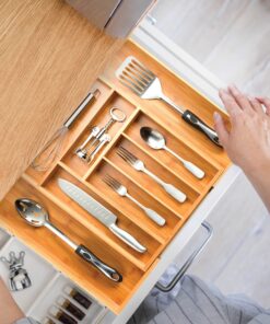Expandable Bamboo Silverware Organizer - Kitchen Drawer Organizer, Utensil Holder - Drawer Organization and Storage in Kitchen, Bathroom or Bedroom, 17” Long, Adjustable from 13” - 22.2” Wide, 2” Deep 29 91Hm4er8y3L