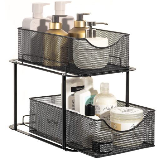 Sorbus 2 Tier Under the Sink Organizer Baskets with Mesh Sliding Drawers —Ideal for Cabinet, Countertop, Pantry, and Desktop, for Bathroom, Kitchen, Office, etc.—Made of Steel (Black) Black