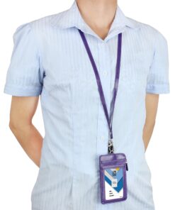 Badge Holder with Zip, Wisdompro School Supply 2-Sided Vertical PU Leather College ID Badge Holder with 1 ID Window, 4 Card Slots, 1 Side Zipper Pocket and 20 Inch Leather Neck Lanyard Strap - Purple 18 91IQ2xloCKL
