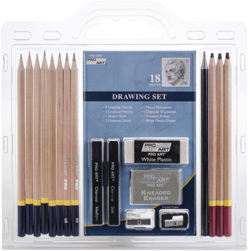 PRO ART - 3078 Pencil Set Sketch & Draw, 9.38" x 9.38" x 0.25", Graphite & Charcoal Dry Media Drawing 18 Piece Set