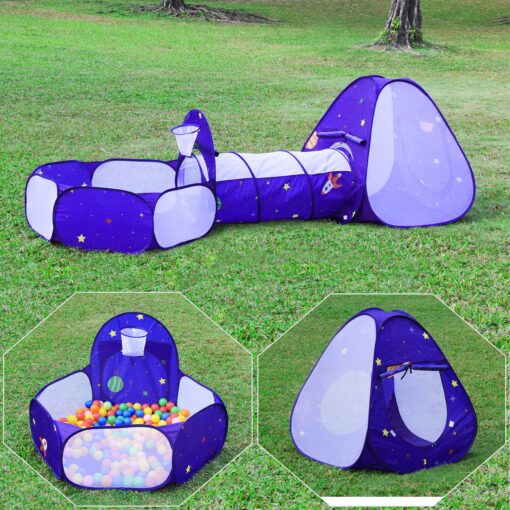 Homfu 3 in 1 Pop up Kids Play Tent with Tunnel Ocean Ball Pit Pool with Basket Hoop for Toddler Boys Girls to Play and Craw Indoor&Outdoor As Birthday Gift Purple Ball Pit