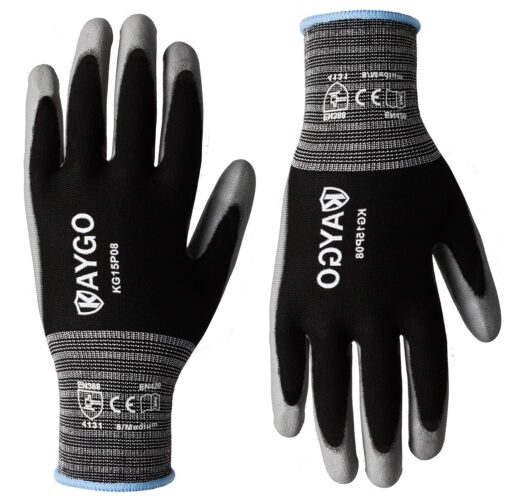 KAYGO Work Gloves PU Coated-12 Pairs, KG15P,Nylon Lite Polyurethane Safety Work Gloves, Gray Polyurethane Coated, Knit Wrist Cuff,Ideal for Light Duty Work (X-Large, Black) X-Large (Pack of 12)