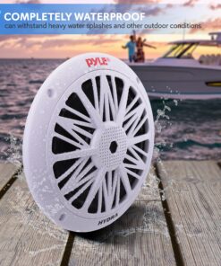 Pyle 6.5 Inch Dual Marine Speakers - 2 Way Waterproof and Weather Resistant Outdoor Audio Stereo Sound System with 200 Watt Power, Poly Carbon Cone and Butyl Rubber Surround - 1 Pair - PLMR62 (White) 22 91Kg55TrD6S