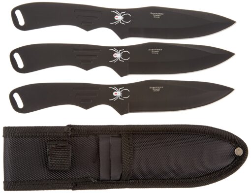 BladesUSA Perfect Point Throwing Knives – Set of 3 – Black Stainless Steel Blades and Handles w/ Spider Design, Nylon Sheath, Full Tang Construction, Well Balanced, Throwing Sport Knives – RC-1793B