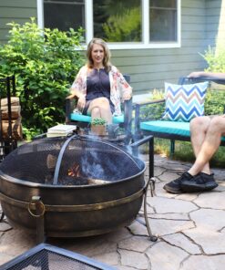 Sunnydaze 34-Inch Cauldron Style Outdoor Fire Pit Bowl with Spark Screen, Log Poker, and Wood Grate - Dark Bronze Finish 34 in 29 91LdeBYuBhL