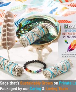 3 White Sage Smudge Gift Kit - Abalone Shell, Feather, Stand, Instructions & More - Smudging, Cleansing, Healing & Stress Relief Standard with Feather, Stand & Chakra Bracelet 27 91Lgy1N1URL 1