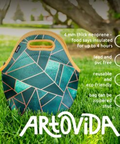 Alternative view of Artovida Artists Collective Insulated Neoprene Lunch Bag - Washable Soft Lunch Tote for School and Work - Design by Elisabeth Fredriksson (Sweden) Emerald and Copper - Classic Elisabeth Fredriksson Emrld
