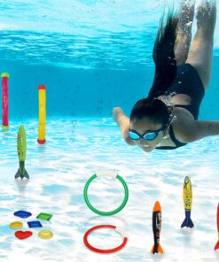 JOYIN 18Pcs Diving Pool Toys for Kids, Swimming Pool Toy with Storage Bag Includes 4 Pool Rings, 4 Diving Sticks, 4 Bandits, 6 Treasures Underwater Swim Pool Games for Ages 8-12 22 91MMeP0c1rL