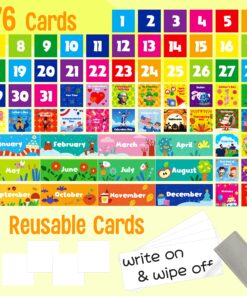 Calendar Pocket Chart, Classroom Monthly Pocket Chart with 76 Cards (68 Illustrated Activity Cards, 8 Dry Erase Blank Cards) plus 3 Over Door Metal Hangers for Classroom Home Preschool (20" x 19") Blue-style 2 20” X 19” 8 91MlZvranL