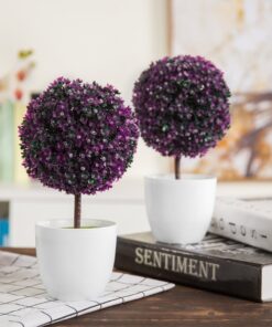 MyGift Tabletop Artificial Topiary Indoor Decor, Fake Plants Faux Purple Boxwood Ball Tree with White Planter Pots, Set of 2 13 91MvsdrD xL