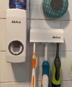 iLifeTech Hands Free Toothpaste Dispenser, Bathroom Toothbrush Holder, Automatic Toothpaste Squeezer and Holder Set (5 Brush Holder), White 41 91N1cURspmL
