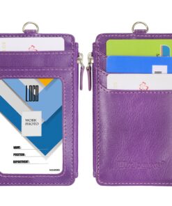 Badge Holder with Zip, Wisdompro School Supply 2-Sided Vertical PU Leather College ID Badge Holder with 1 ID Window, 4 Card Slots, 1 Side Zipper Pocket and 20 Inch Leather Neck Lanyard Strap - Purple 12 91NLWMrjnKL