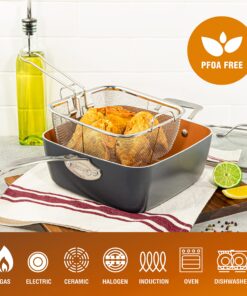 Gotham Steel Nonstick Square Deep Frying Pan, 9.5” Large Cooking Pan with Ceramic Nonstick Coating, 4 Pc Titanium Ceramic with Lid, Basket & Steamer Tray, Dishwasher Safe 31 91NM 7AThgL
