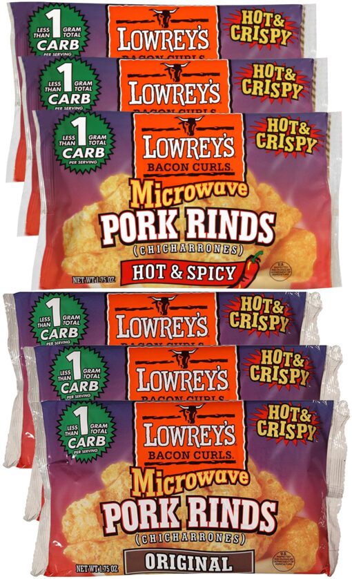 Lowreys Bacon Curls, microwave Pork Rinds Variety Combo, Original & Hot & Spicy, 1.75 Oz (Pack of 6)