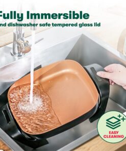 BELLA Electric Skillet and Frying Pan with Glass Lid, Nonstick Coating, Cool Touch Handles, Removable Heating Probe, Dishwasher Safe, 12 x 12 inch, Copper 30 91Nc1turGIL