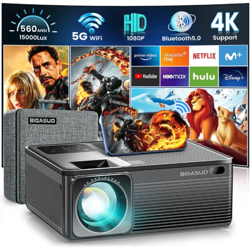 BIGASUO 1080P Projector 5G WiFi Bluetooth - 15000Lux 560ANSI Full HD Outdoor Movie Projector, 300" Display Support 4k Home Theater,Compatible with iOS/Android/XBox/PS4/TV Stick/HDMI Light Grey