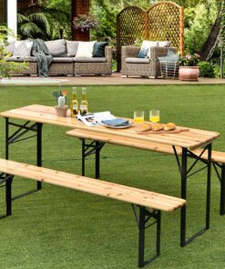 Giantex 70'' 3-Piece Portable Folding Picnic Beer Table with Seating Set Wooden Top Picnic Table for Patio Outdoor Activities Garden Use, 30'' Table Height Black(iron Frame); Wooden(tabletop & Chair Seats) 29 91Nz1Q2yYNL 1