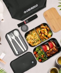 GRUB2GO Premium Bento Lunch Box (Large 68 Oz Capacity) | 2023 Exclusive, 70% Bigger | Includes Bamboo Chopping Board Lid, Carry Bag, 2 Dividers, Utensils, Sauce Container Premium 2021 Model: Executive Black (68 OZ) 37 91OU DwjC4L