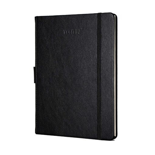 Thick Hardcover Notebook/Journal with A5 120gsm Premium Paper, College Ruled Bound with Pen Holder, Black Leather, 3 Ribbon Marker, Inner Pocket, 8.4 x 5.7 in