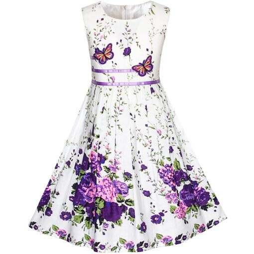 Sunny Fashion Girls Dress Rose Flower Double Bow Tie Party Sundress 4-5 Purple White