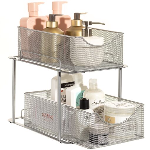 Sorbus 2 Tier Under The Sink Organizer Baskets with Mesh Sliding Drawers —Ideal for Cabinet, Countertop, Pantry, and Desktop, for Bathroom, Kitchen, Office, etc.—Made of Steel (Silver) Silver