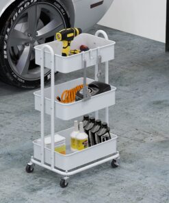 SimpleHouseware Heavy Duty 3-Tier Metal Utility Rolling Cart, White 19 91PmZFYHaJL