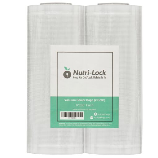 Nutri-Lock Vacuum Sealer Bags, Set of 2 8"x50' BPA-Free Rolls, Vac Seal for Sous Vide & Meal Prep, Commercial Grade Food Vac Bags 8"x50'(2-Roll)