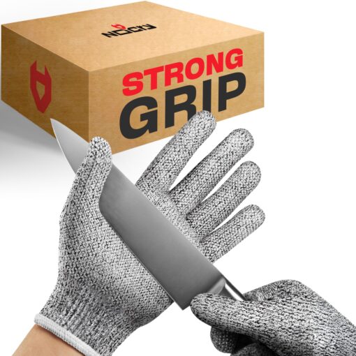 NoCry Cut Resistant Gloves with Grip Dots - High Performance Level 5 Protection, Food Grade. Size Large, Complimentary Ebook Included! Grey