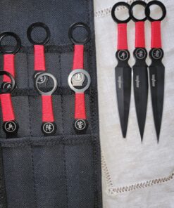 Perfect Point Throwing Knife Set – Set of 9 Throwers, Black Stainless Steel Blades w/Red Cord Wrapped Handles w/Chinese Inscription, Nylon Sheath, Well Balanced, Sport Knives – PP-060-9 23 91PudfEnqdL