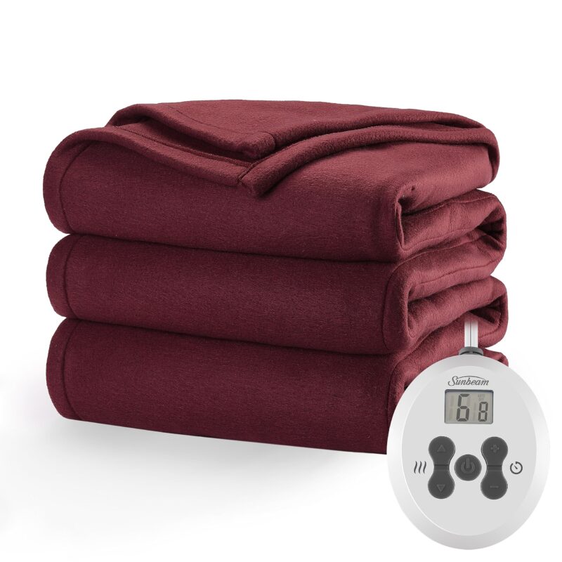 Sunbeam Royal Ultra Fleece Heated Electric Blanket Full Size, 84" x 72", 12 Heat Settings, 12-Hour Selectable Auto Shut-Off, Fast Heating, Machine Washable, Warm and Cozy, Cabernet