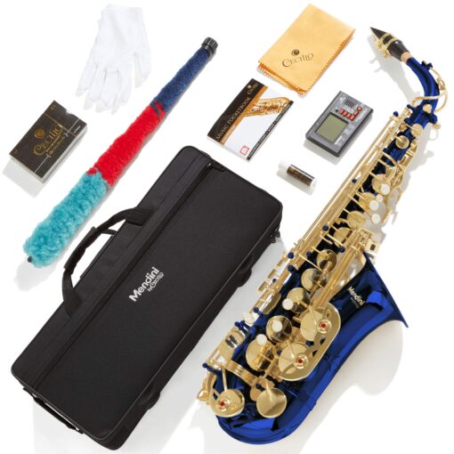 Mendini By Cecilio Eb Alto Saxophone - Case, Tuner, Mouthpiece, 10 Reeds, Pocketbook- MAS-BK r E Flat Musical Instruments Blue