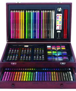 Art 101 Doodle and Color 142 Pc Art Set in a Wood Carrying Case, Includes 24 Premium Colored Pencils, A variety of coloring and painting mediums: crayons, oil pastels, watercolors; Portable Art Studio Multicolor 22 91QbvxLh9DS