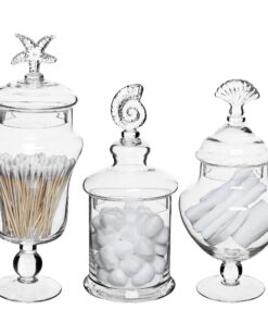MyGift Clear Glass Apothecary Jars with Lid, Decorative Seashell Design Bathroom Canister, Footed Candy Buffet Containers, Set of 3 25 91QpBzm9ONL