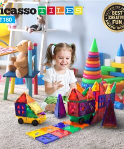 PicassoTiles 180 PCs Magnetic Tile Building Block Deluxe Construction Set with 2 Cars Clear Color Unique Shapes See Through Shape Tiles 3D Playboard Colorful Educational Construction for Kids Ages 3+ 23 91R1mDayPRL
