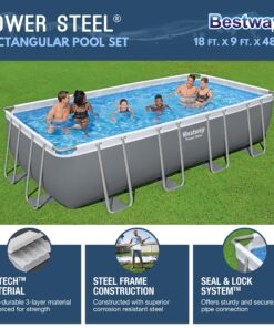 Bestway Power Steel 18' x 9' x 48" Rectangular Metal Frame Above Ground Outdoor Swimming Pool Set with 1,500 GPH Filter Pump, Ladder, and Pool Cover 18' x 9' x 48in 16 91RJEmqJPSL