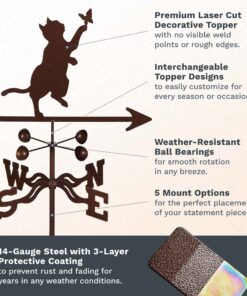 EZ Vane Steel Cat & Butterfly Weathervane 21” Height, Includes Metal Deck Mount, Wind Cups & Brackets | Hand-Crafted and Family-Owned, Made in The USA with Triple Powder Coating, Limited 8 91RP3nW4MAL