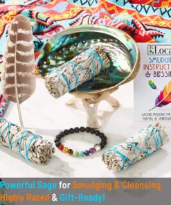 3 White Sage Smudge Gift Kit - Abalone Shell, Feather, Stand, Instructions & More - Smudging, Cleansing, Healing & Stress Relief Standard with Feather, Stand & Chakra Bracelet 24 91RdZaH961L
