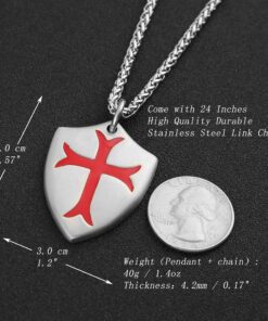HZMAN Knights Templar Cross Joshua 1:9 Shield Stainless Steel Pendant Necklace with 22+2 inch Chain Silver Red 15 91RybOAXnlL