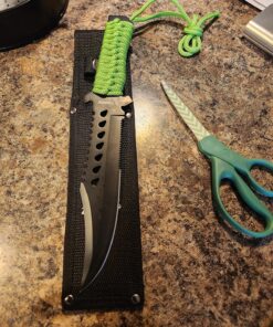 Z-Hunter – Fixed Blade Survival Knife – Partially Serrated Black Steel Blade with Sawback, Full Tang, Green Cord Wrapped Handle w/Lanyard, Nylon Sheath, Outdoor, Hunt, Camp, Hike, Survival, ZB-103 31 91S3IBZanFL 1