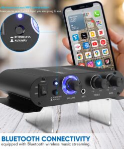 Pyle Wireless Bluetooth Home Audio Amplifier - 90W Dual Channel Mini Portable Power Stereo Sound Receiver w/ Speaker Selector, RCA, AUX, LED, 12V Adapter - For iPad, iPhone, PA, Studio Use - PFA330BT 24 91SGkpjQb0S