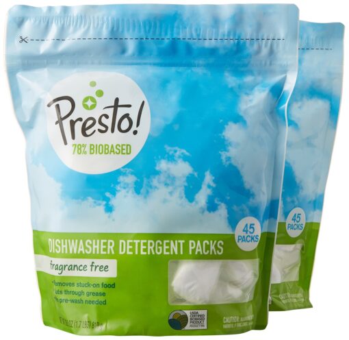 Amazon Brand - Presto! 78% Biobased Dishwasher Detergent Packs, Fragrance Free (45 Count (Pack of 2))