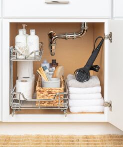 Household Essentials Glidez Multipurpose Chrome-Plated Steel Pull-Out/Slide-Out Storage Organizer for Under Sink or Under Cabinet Use - 2-Tier Design - Fits Standard Size Cabinet or Shelf, Chrome Undersink 12.25" - Standard 27 91SI7uXcASL