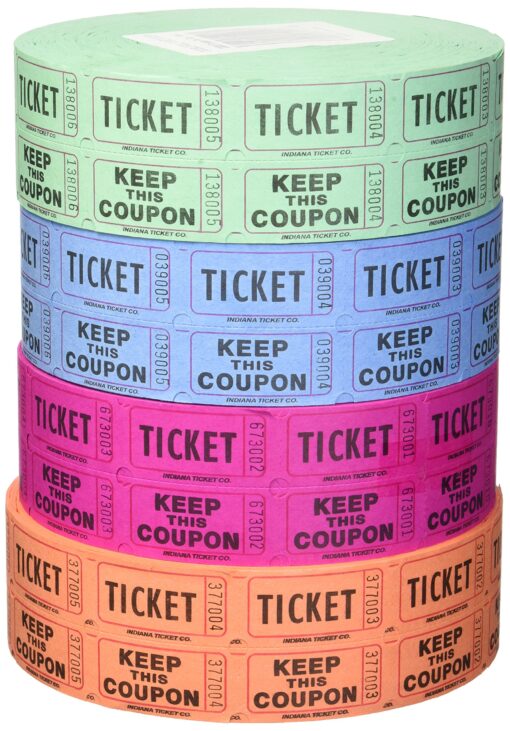 Indiana Ticket Company Raffle Tickets, (4 Rolls of 2000 Double Tickets) 8,000 Total 50/50 Raffle Tickets Assorted