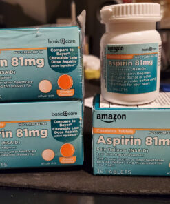 Amazon Basic Care Aspirin 81 mg Pain Reliever (NSAID) Chewable Tablets, Low Dose , Orange Flavor, 108 Count (3 Packs of 36) 36 Count (Pack of 3) 59 91T6YfbAIUL