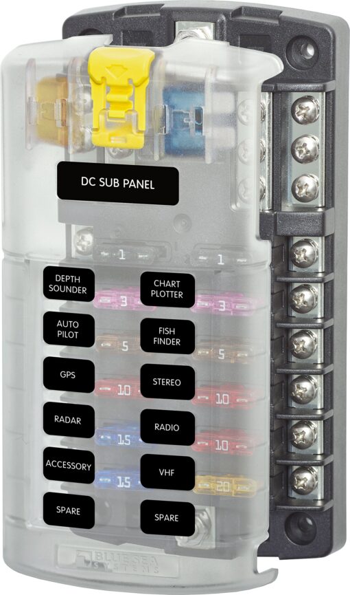 Blue Sea Systems 5026 ST Blade Fuse Block 12 Circuit with Ground and Cover 12 Circuit + Neg With cover