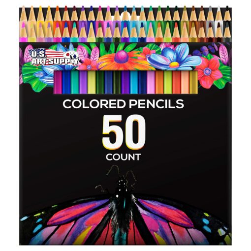 U.S. Art Supply 50 Piece Adult Coloring Book Artist Grade Colored Pencil Set -Vibrant Colors, Smooth Art Drawing, Sketching, Shading, Blending - Fun Activities for Kids, Students, Adults, Beginners 50 Pencil Set